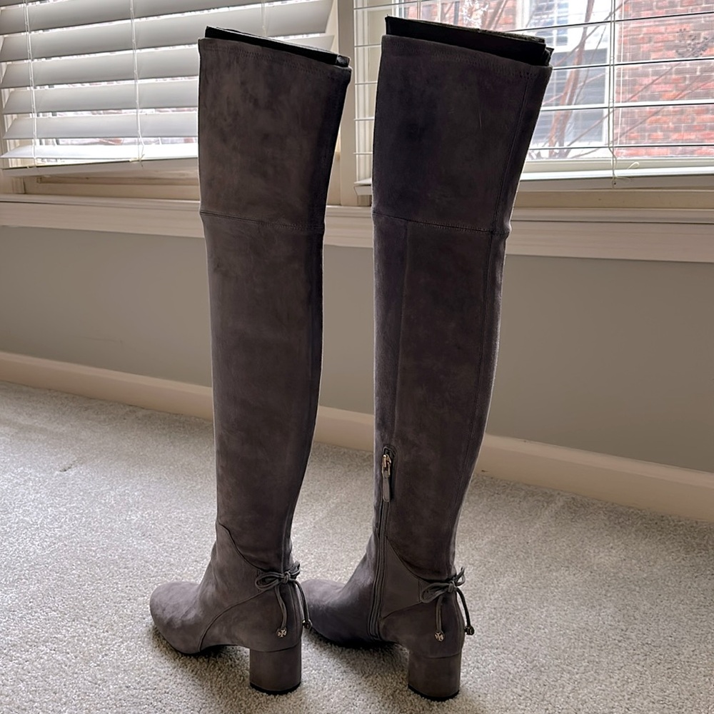 New Tory Burch 7.5 M Suede #41621 Carbon Laila Block Heel Tall OTK Boots Gray